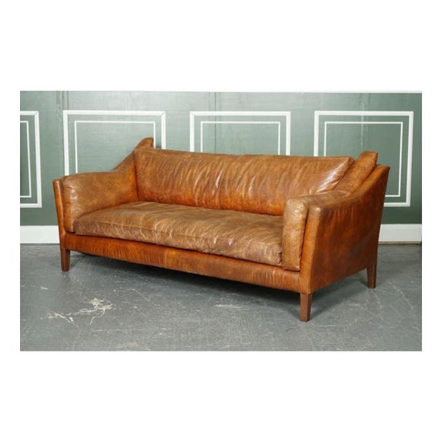 Large Vintage Tan Leather Sofa For Sale - Image 4 of 12