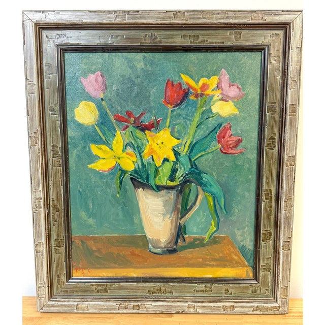 Green European Modernist Spring Still Life with Daffodils and Tulips, Signed "PS '41" For Sale - Image 8 of 15