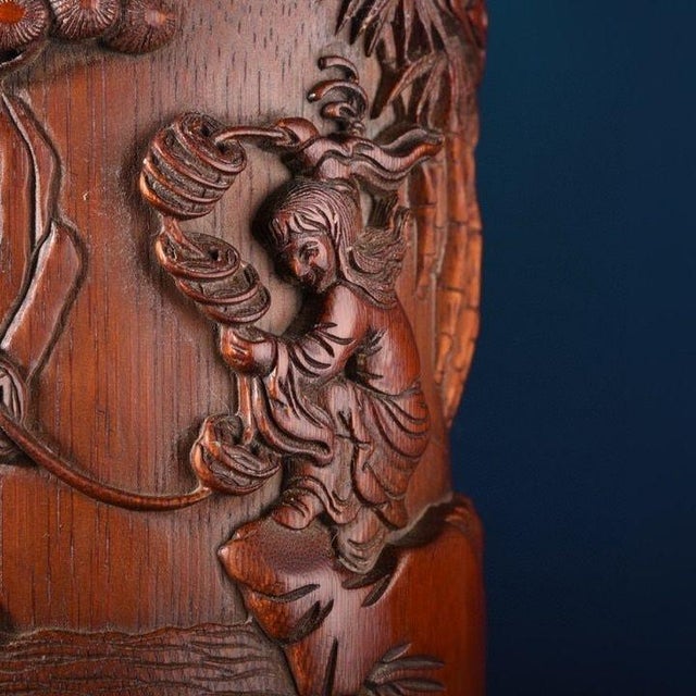 Chinese Vintage Chinese Bamboo Carved "Liu Hai & Toad" Brush Pot - 401g For Sale - Image 3 of 9