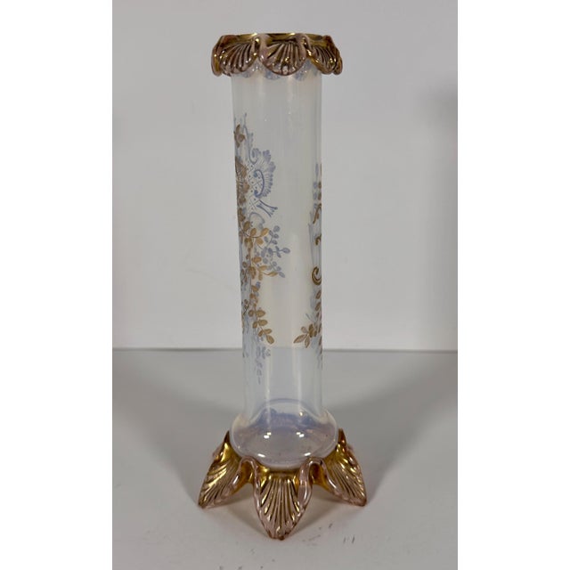 White Moser Opalescent Gilt Bud Vase with Applied Rigaree For Sale - Image 8 of 10