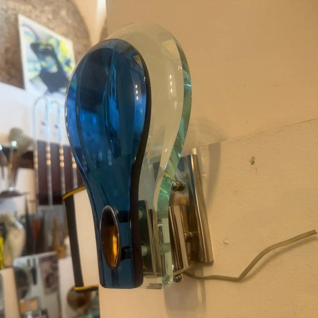 Two 1960s. Space Age Steel and Blue and Verde Nilo Glass Wall Sconces by Veca For Sale - Image 9 of 15