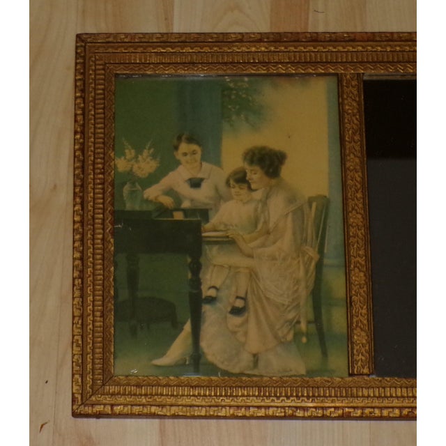 Vintage Gold Gilt Framed Mirror Two Prints Antique Tryptic Tripart Wall Mirror For Sale - Image 10 of 12