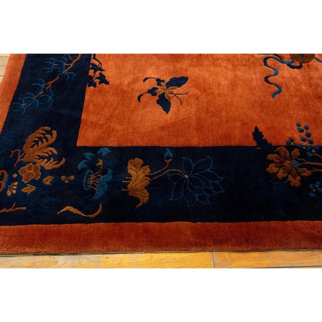 Art Deco 1920s Antique Orange Vase Floral Buterfly Chinese Handknotted Art Deco Wool Rug For Sale - Image 3 of 9