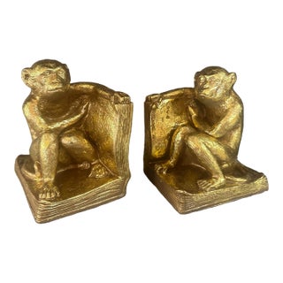 Pair | Vintage Gold Gilt Monkey Bookends For Sale