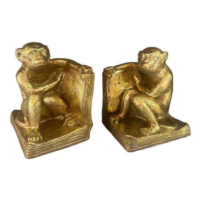 Pair | Vintage Gold Gilt Monkey Bookends For Sale