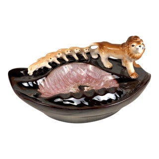 Mid-Century Atomic Drip Glazed Ceramic Lion & Cubs Ashtray For Sale