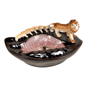 Mid-Century Atomic Drip Glazed Ceramic Lion & Cubs Ashtray