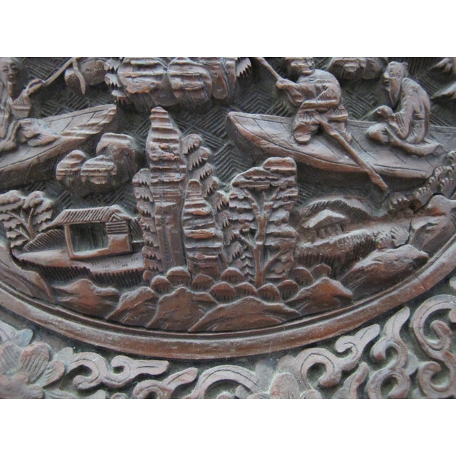 Chinese Cinnabar Lacquer Style Resin Village Scene 10" Plate Pair With Stands For Sale - Image 16 of 18