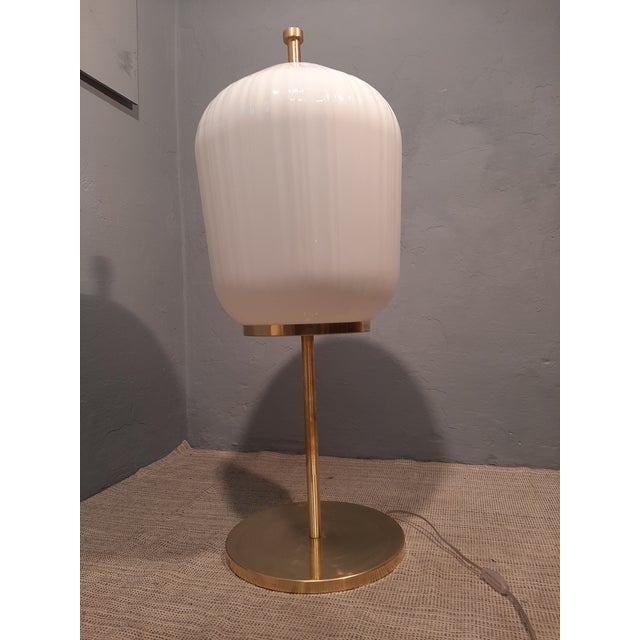 Satin Brass & Large Ribbed Milky Glass Floor Lamp For Sale - Image 6 of 17