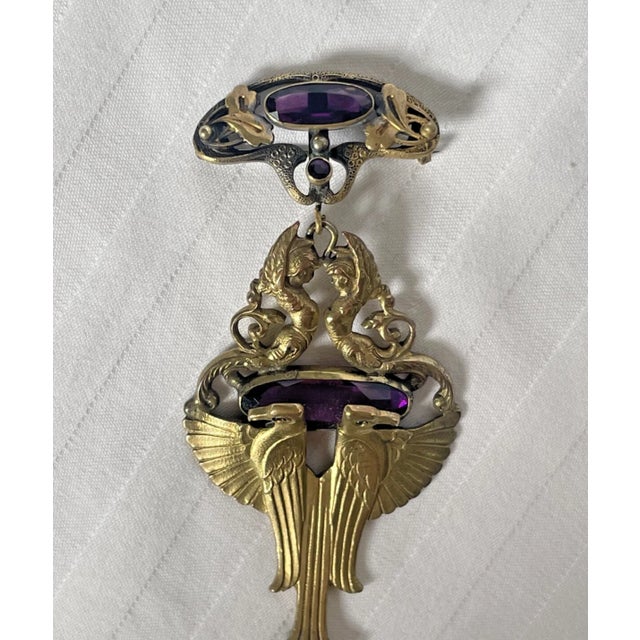 Mid 20th Century Art Deco Pin With Brass & Amethyst Glass For Sale - Image 4 of 6