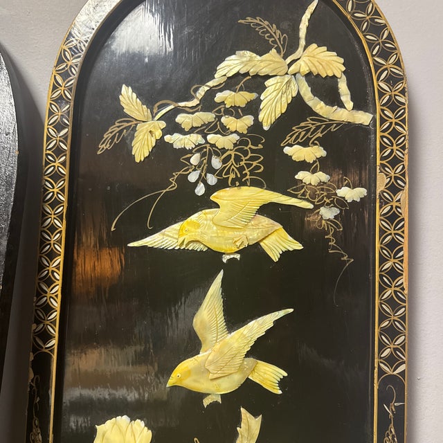 1980s Pair of Vintage Chinese Hardstone Inlaid Black Lacquer Wall Plaques – Peacock & Floral – 36” For Sale - Image 5 of 12