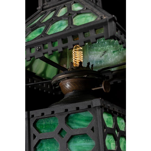 Metal Early 20th Century Arts and Crafts Green Slag Glass and Cast Iron Table Lamp For Sale - Image 7 of 9