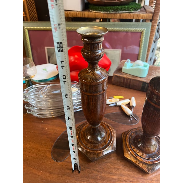 1970s Country Core Pair of Wooden Candleholders and Pink Candles For Sale - Image 9 of 11