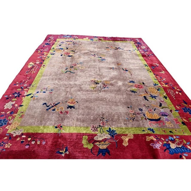 Rose Light Purple Antique Floral Room Size Chinese Art Deco Wool Rug 9' 2" X 11' 8" For Sale - Image 8 of 9