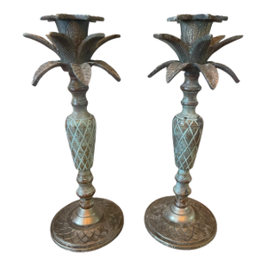 Vintage Verdigris Pineapple Candlesticks – Hollywood Regency Palm Beach Brass Pair, 8.75”