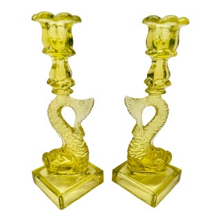 Pair of Late 20th Century Museum of Modern Art Vaseline Glass Dolphin Candlesticks For Sale