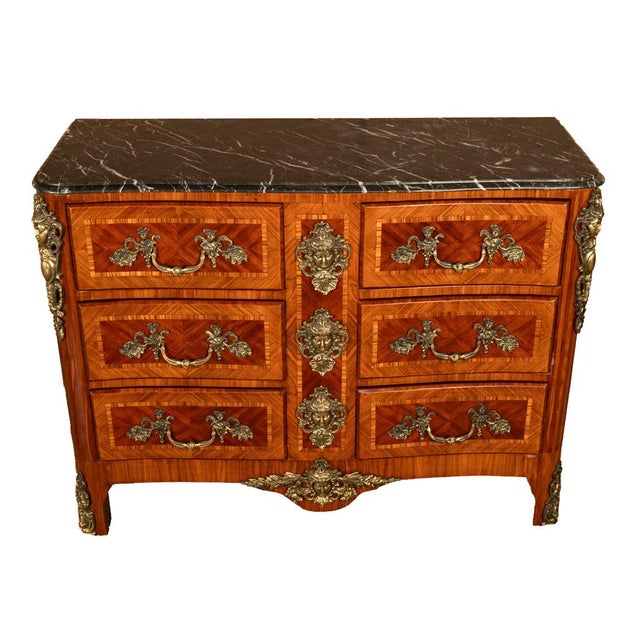 French Antique French Louis XV Ormolu Inlaid Kingwood Marble Commode Chest For Sale - Image 3 of 16