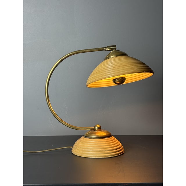 Mid-Century Modern Pencil Reed Rattan Bamboo and Brass Table Lamp, Italy, 1970s For Sale - Image 6 of 10