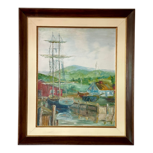 Vintage American Impressionist Oil Painting Coastal Harbor by Oliver Seelio