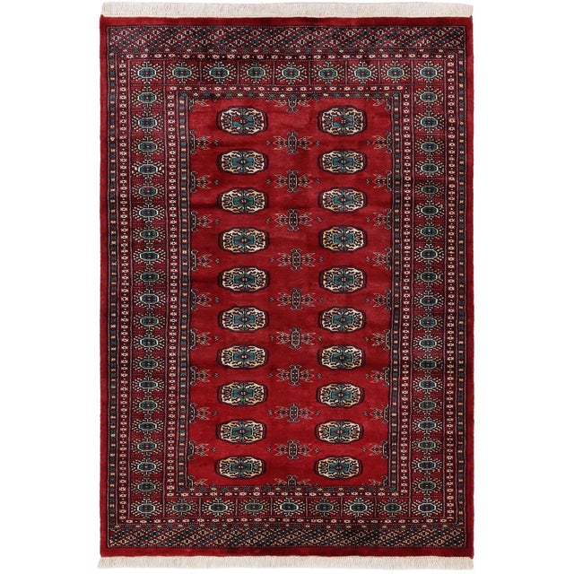 Rustic Bokhara Red Green Hand Knotted Rug For Sale - Image 9 of 9