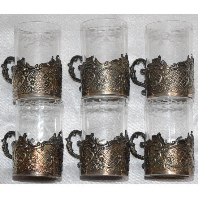 Metal Victorian Silver and Engraved Crystal Decanter With Cordial Cups For Sale - Image 7 of 9