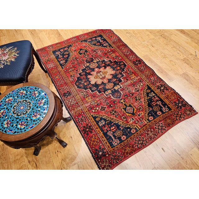 Vintage Persian Malayer Area Rug, Hand-Knotted Wool, Geometric Tribal Pattern, 4x6, Red & Blue For Sale - Image 4 of 16