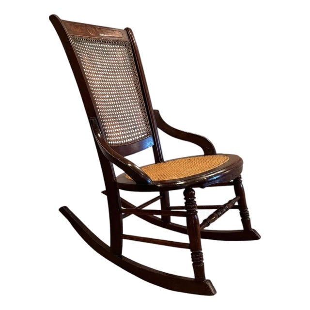 Last Call! Vintage Victorian Mahogany and Cane Rocking Chair For Sale