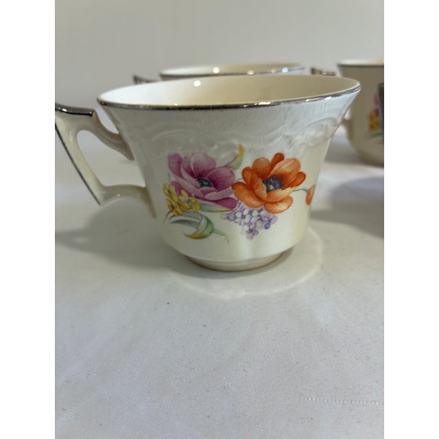 Early 20th Century Vintage Ivory China Teacups With Platinum Trim and Poppy Motif, Set of 6 For Sale - Image 5 of 11