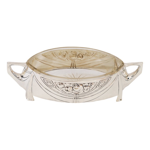 Art Nouveau Fruit Bowl in Brass, Silver and Original Glass, 1908 For Sale