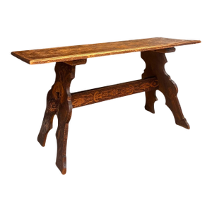 1970s Antique Pyrography Trestle Wood Folk Art Decorative Bench or Accent Entryway Table Uk Import