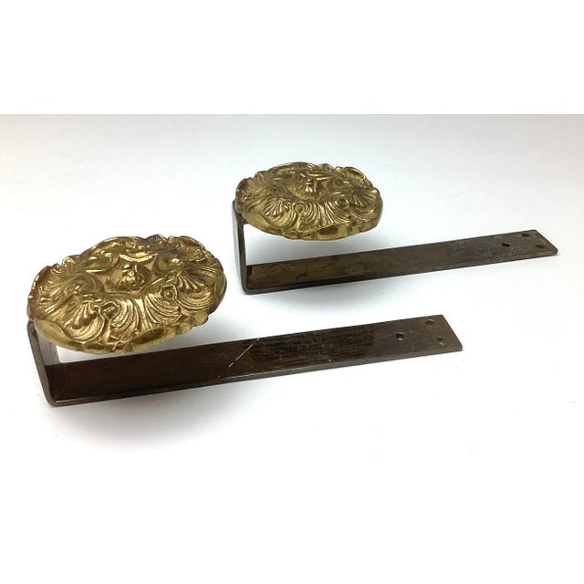 Vintage Pair Brass Medallion Curtain Tie Backs. The medallion on these are 3 inches in diameter. The bracket is 7 inches...