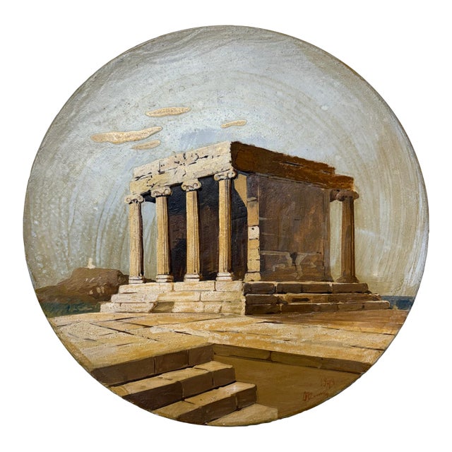 1940s Vintage Neoclassic Hand Painted/Signed Terra Cotta Wall Plate Depicting Temple of Athena For Sale