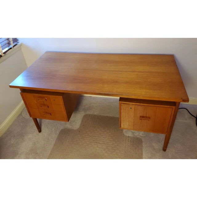 Brown 1960s Danish Modern Teak Floating Top Executive Desk | Asymmetrical Design, Solid Wood Drawers | Excellent Condition - 57" Wide For Sale - Image 8 of 15