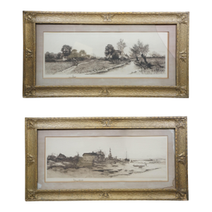 2 Antique George William Bohde Oystermans Home Green to the Very Doors Etchings