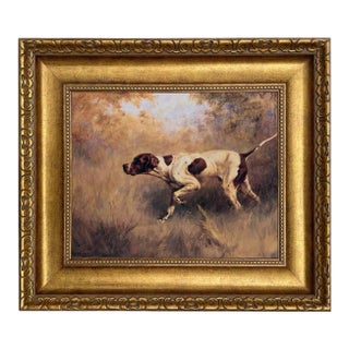 On Point English Pointer Oil Painting Print on Canvas in Wide Antiqued Gold Frame- an 11" X 14" Print, Framed to 17" X 20" For Sale