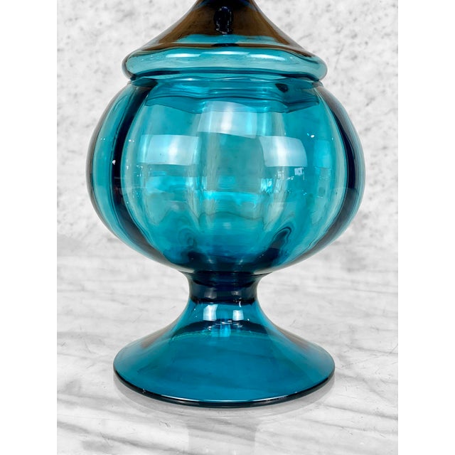 MidCentury Empoli Italian Turquoise Blue Art Glass Compote Jar W/ Lid