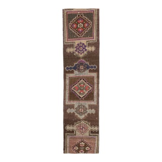 Vintage Turkish Oushak Handmade Wool Cotton Brown Runner Rug For Sale