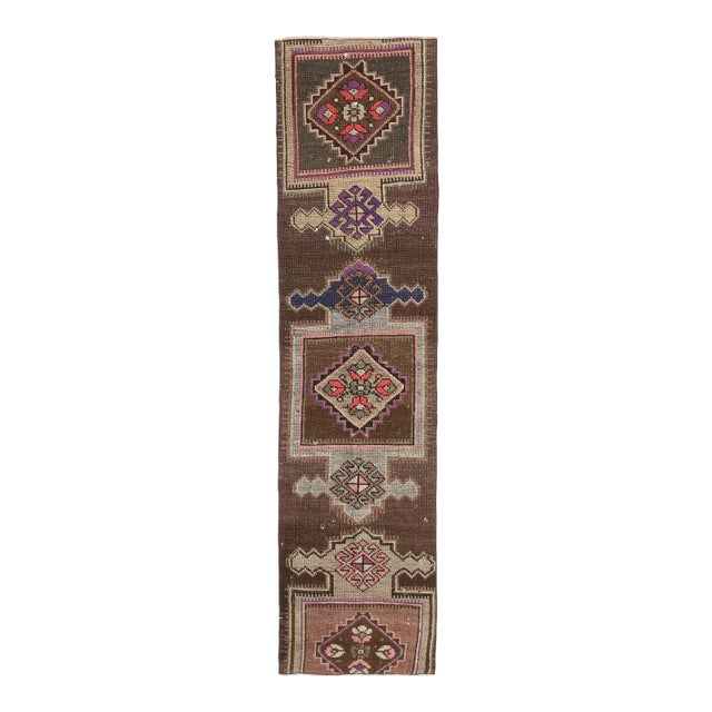 Vintage Turkish Oushak Handmade Wool Cotton Brown Runner Rug For Sale