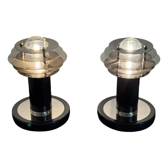 Saturn Style Table Lamps in Chromed Steel with Disc Shade, Set of 2 For Sale