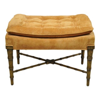 Vintage Chinese Chippendale Faux Bamboo Wooden Vanity Bench Orange Suede For Sale