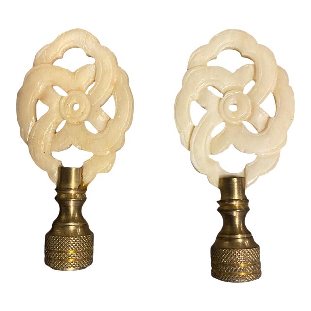Late 20th Century Pair of Carved Stone Floral Lamp Finials With Brass Bases For Sale