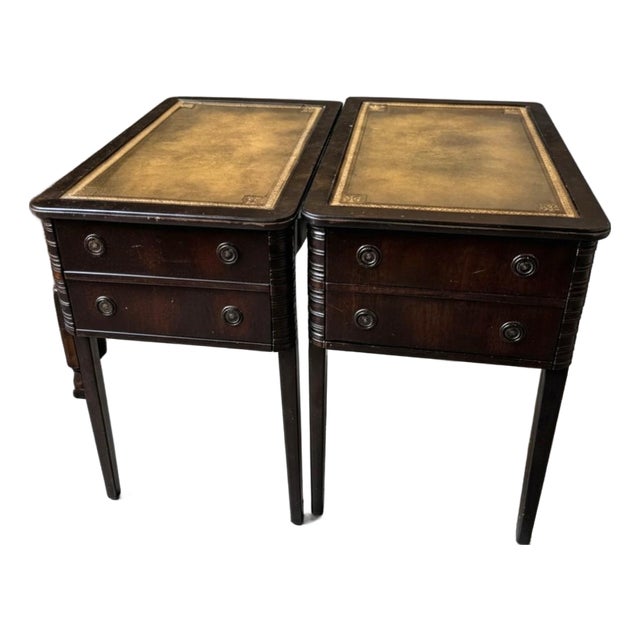 Stickley Pair Traditional Classics Series Two-Drawer Leather-Top Accent Side Table For Sale