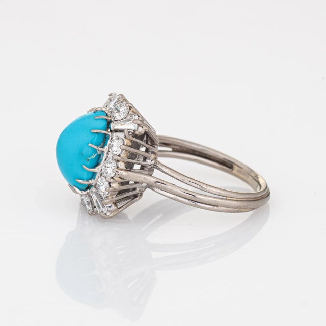 1ct Diamond Turquoise Square Ring Vintage 18k White Gold Cocktail Jewelry size 7.5 For Sale - Image 4 of 6