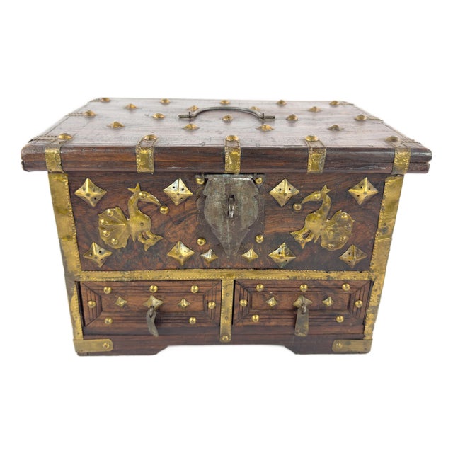 1950s Indian Rosewood Jewelry Chest With Brass Mounts & Hidden Drawers For Sale
