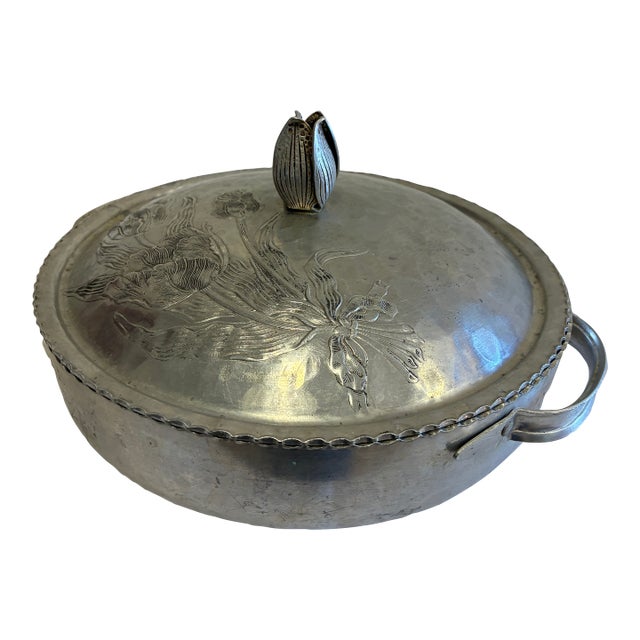 Vintage Hammered Aluminum Lidded Serving Dish With Tulip Finial For Sale