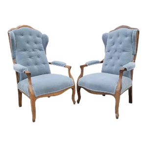 Vintage French Country Style Tufted Back Wingback Chairs Newly Reupholstered in Mohair - Pair