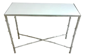 Vintage Silver-Leaf Faux Bois Console Table with Mirrored Top