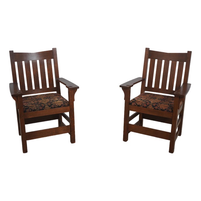 Pair of Stickley Mission Oak Arm Chairs For Sale