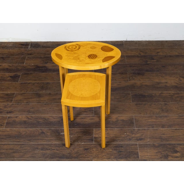 Art Deco Mid 20th Century Baker Furniture Art Deco Style Nesting Tables with Whimsical Geometric Motifs For Sale - Image 3 of 12