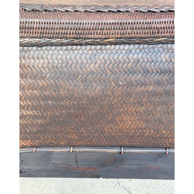 Brown Chic Vintage Maximalist Tribal Rattan Storage Trunk / Japandi Coffee Table With Carved Guardians For Sale - Image 8 of 12